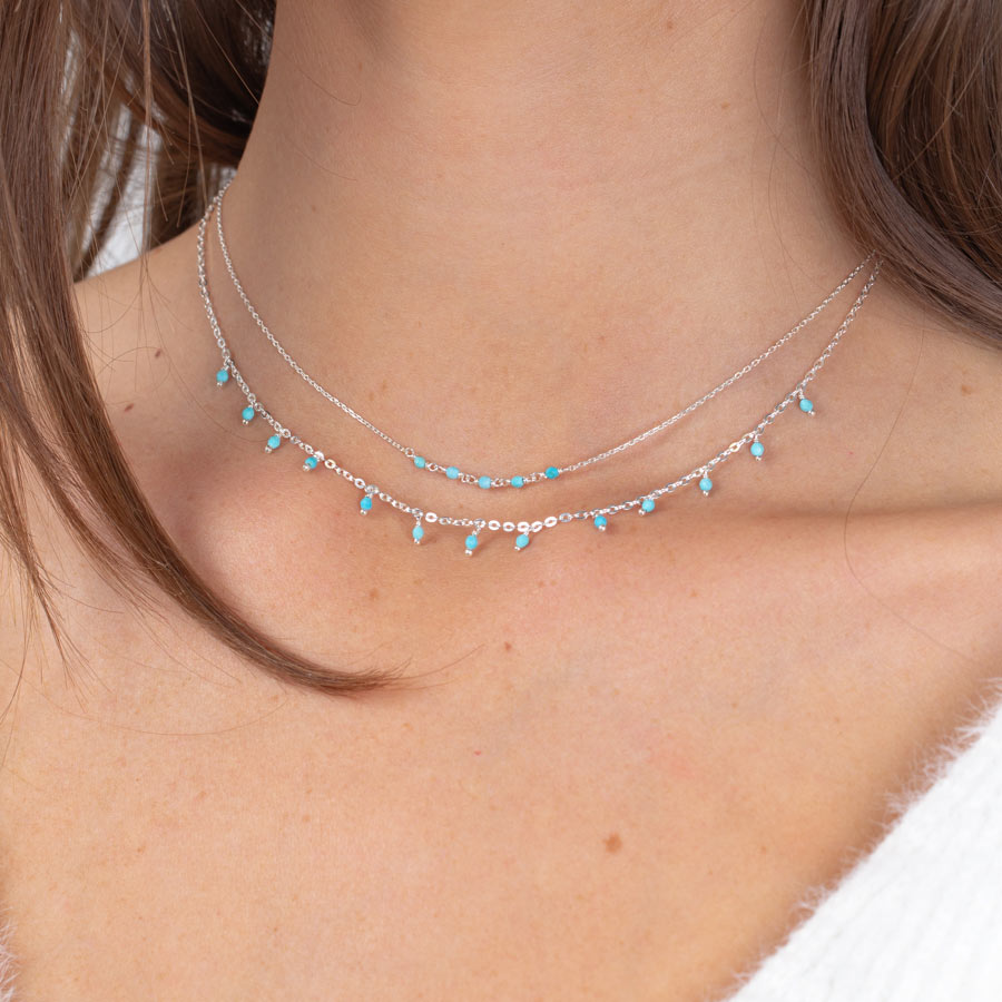 Collier Femme Chaîne Fine Dorée Avec Perles Turquoise, Acier Inoxydable Plaqué Or