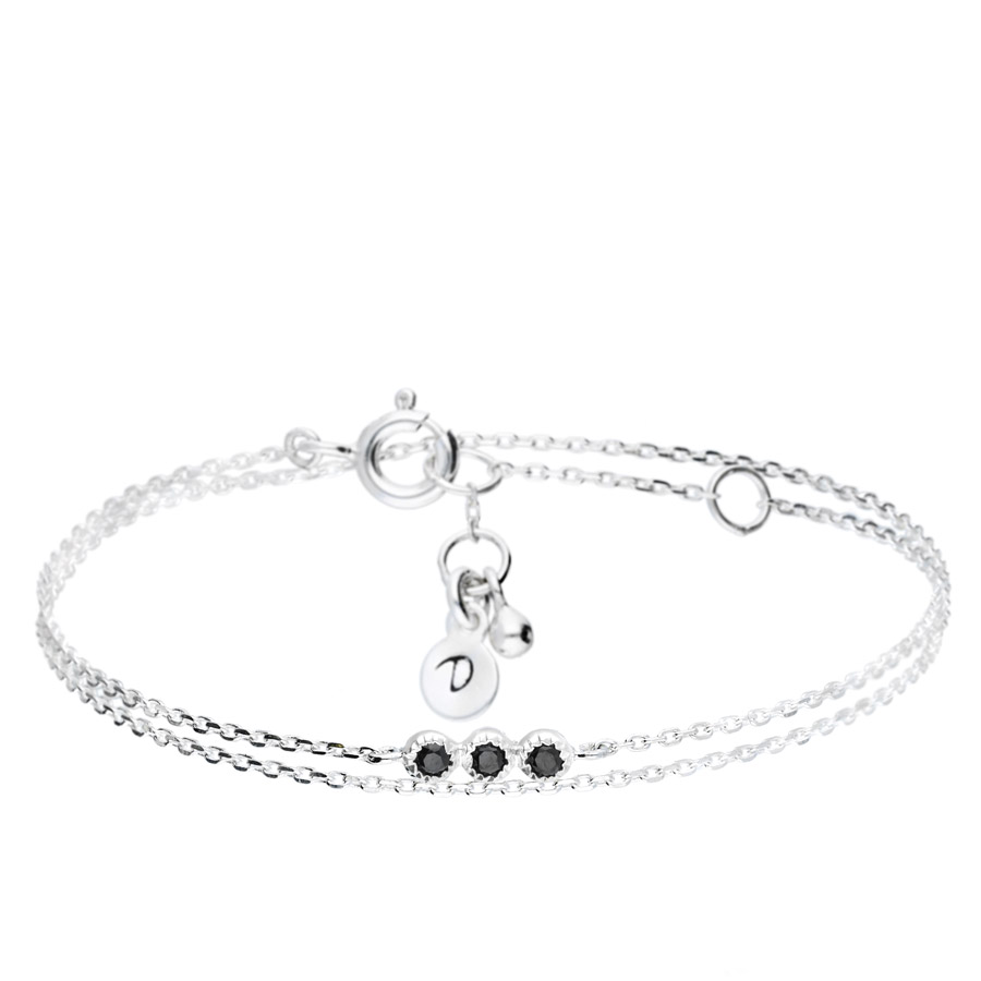 BRACELET DOUBLE CHAÎNE PETITE BARRE TROIS PIERRES NOIRES