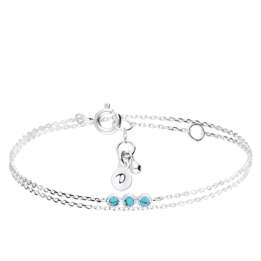 BRACELET DOUBLE CHAÎNE PETITE BARRE TROIS PIERRES TURQUOISES