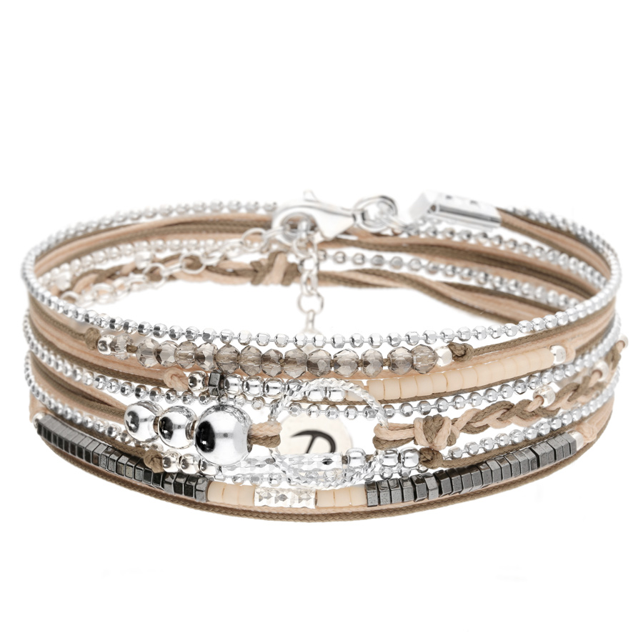 BRACELET BEIGE MARRON TRIPLE TOURS ANNEAU DIAMANTE