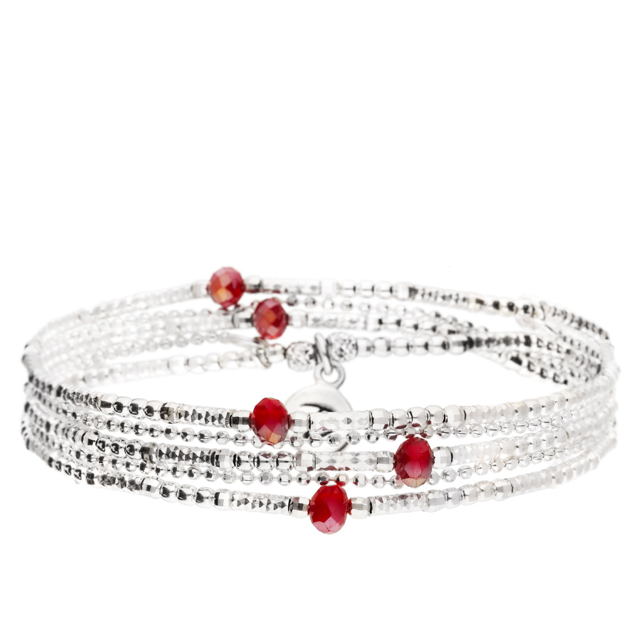 BRACELET ELASTIQUE BROOKLYN 3 RANGS SILVER ET ROUGE