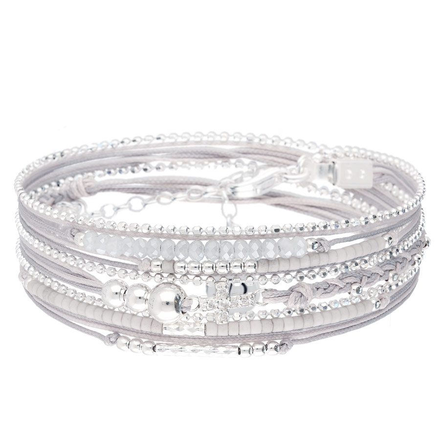 BR8264GGGC - bracelet cordons gris multi-tours pastille argent