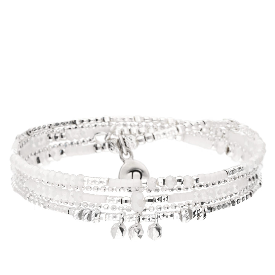 BR8641-3TOPBLM - bracelet trois tours en argent 925 perles blanches, pierres martelées