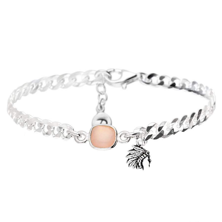 BR8414RC - bracelet gourmette en argent pierre centrale rose et pendentif indien ethnique