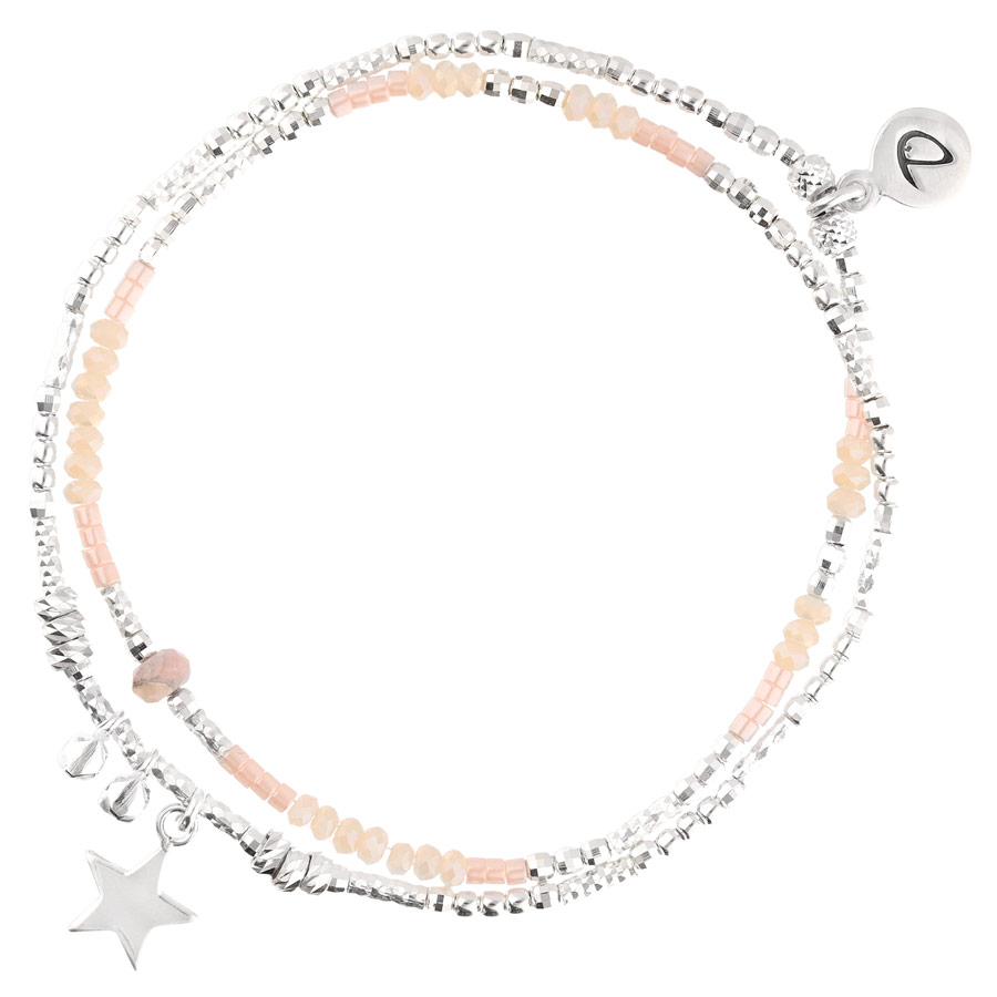 BR8650-2TBCRCM-bracelet élastique 2 tours rose et blanc avec pendentif étoile et pierre martelé