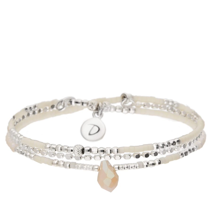 BR8628CRIVM-bracelet élastique 3 tours beige et argent avec perle en verre goutte