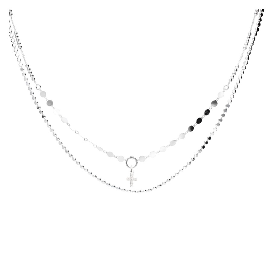 COLLIER DOUBLE CHAINES CROIX OXYDE