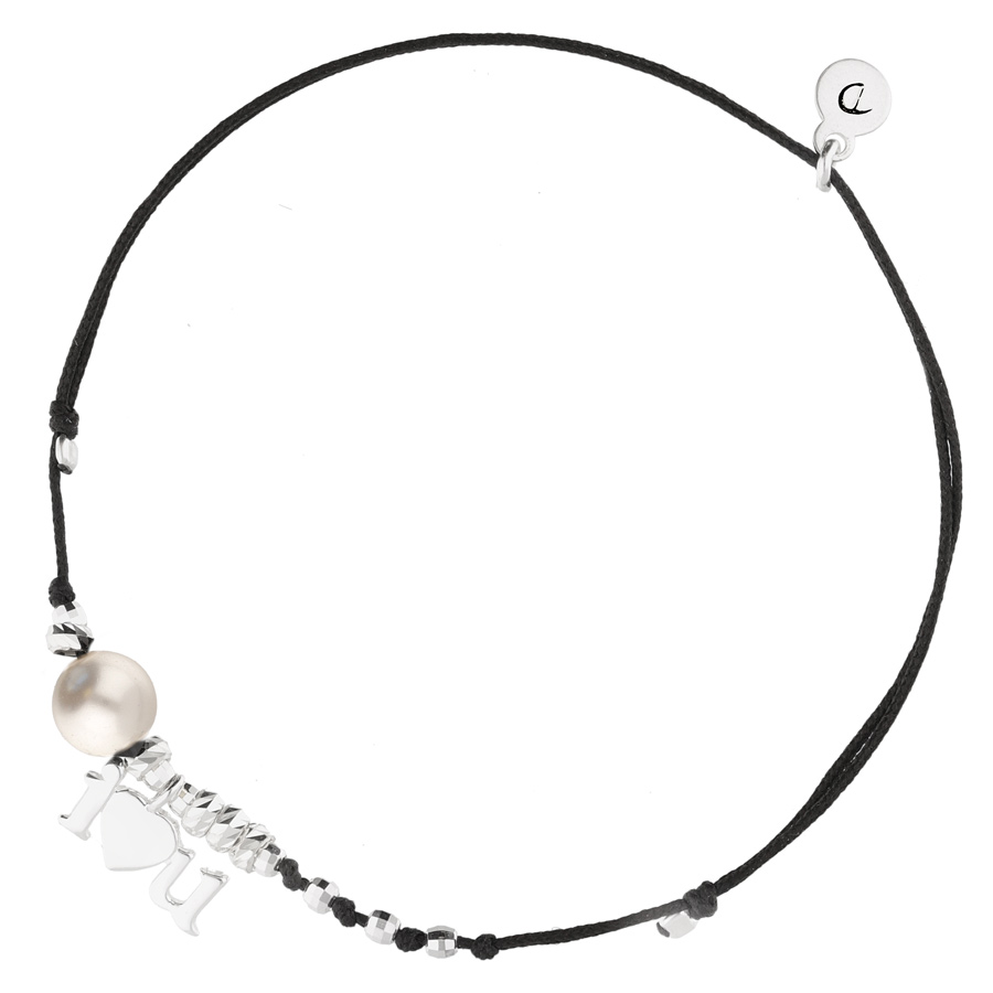 BR8263NO-bracelet cordon noir avec perle nacrée et pendentif i love you