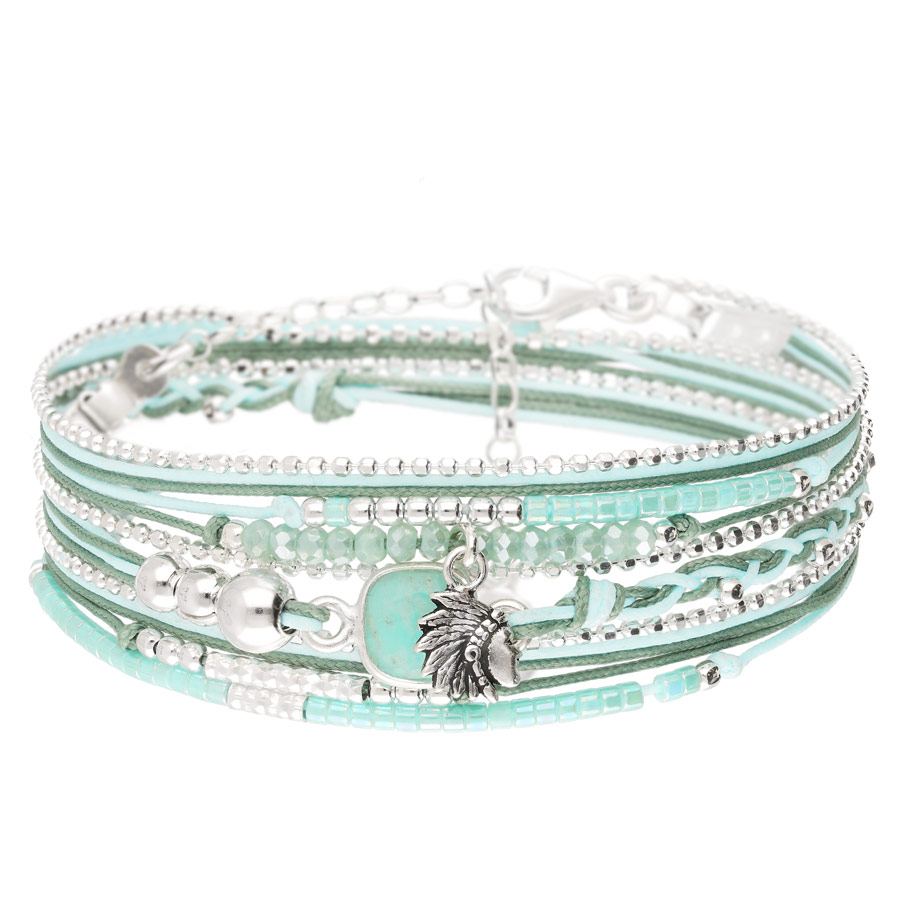BR8273VEA - bracelet multi-tours turquoise pendentif indien pierre naturelle turquoise
