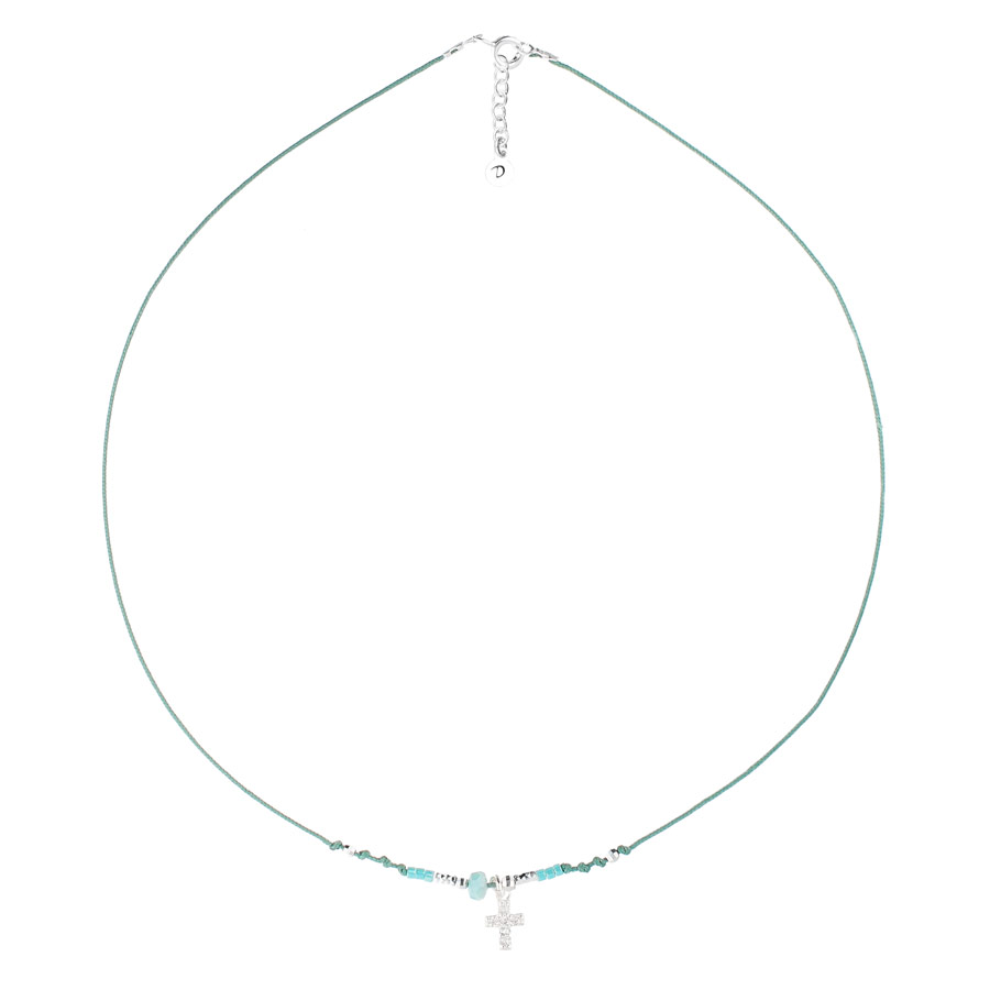 CO8259VEAM- collier cordon turquoise pendentif croix oxyde