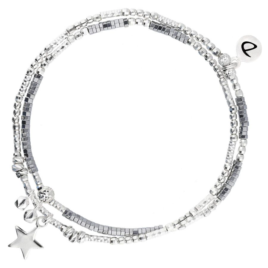 BR8650-2THGM - bracelet double tours en argent 925 pendentif étoile et petites pierres martelées