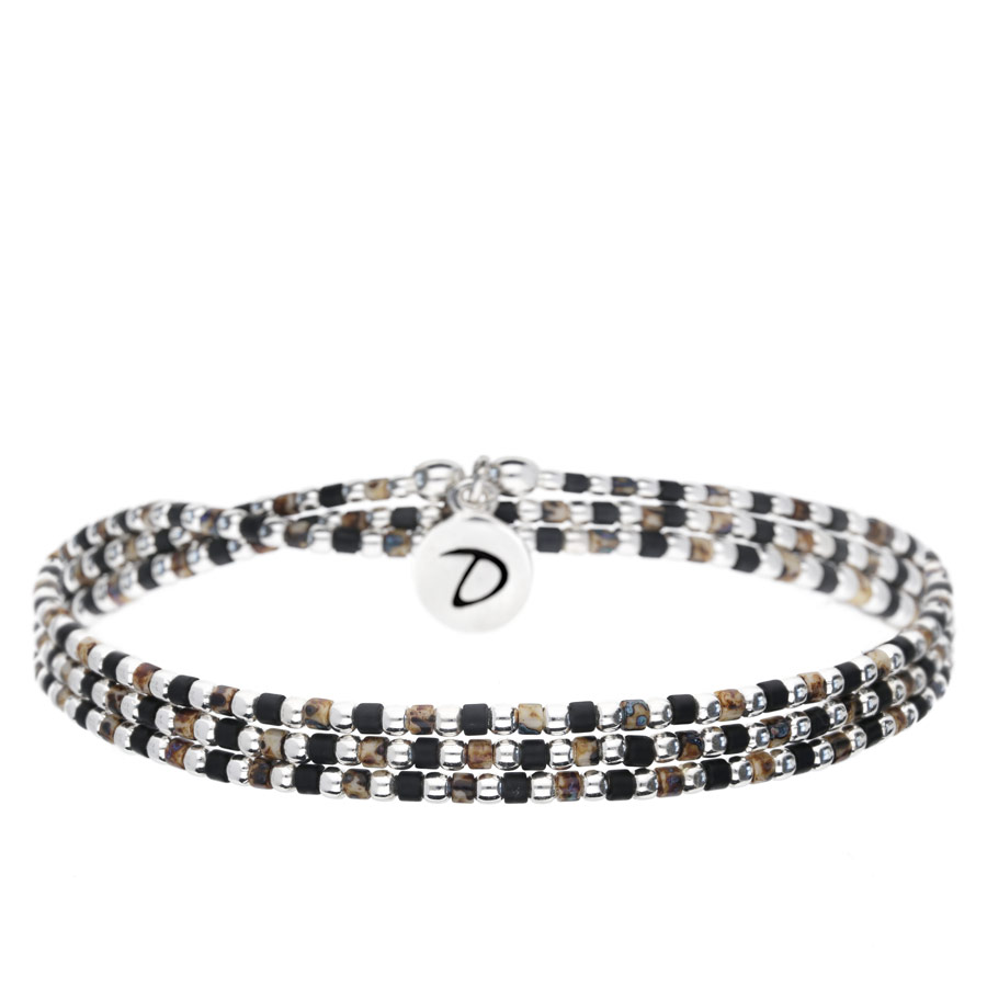 NEW BRACELET ELASTIQUE TROIS TOURS GRAIN DE FOLIE NOIR LEOPARD SILVER