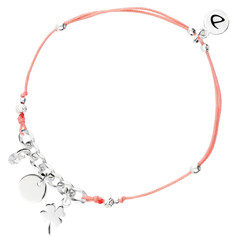 BRACELET CORDON MAILLE ROCK OXYDE PASTILLE TRÈFLE ROSE CORAIL