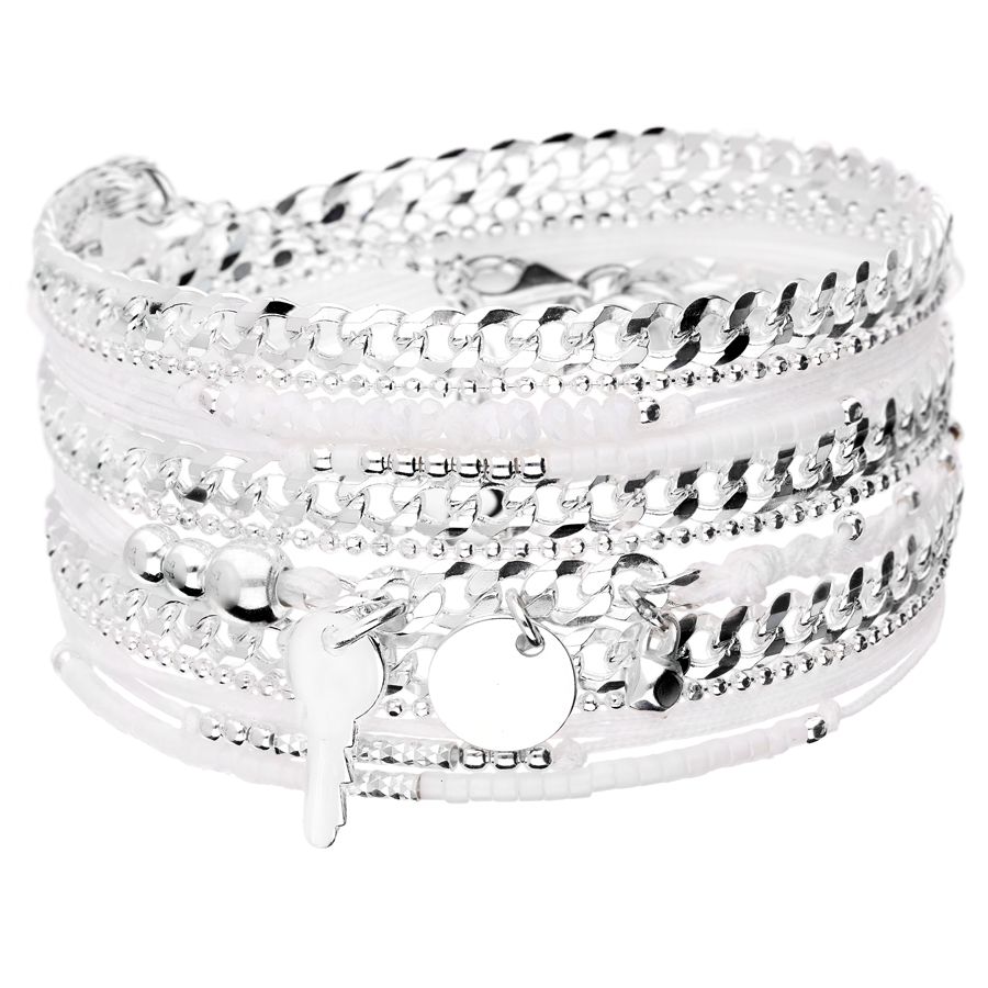 BRACELET MAILLE ROCK CLÉ PASTILLE PIERRE TRIPLE TOURS BLANC