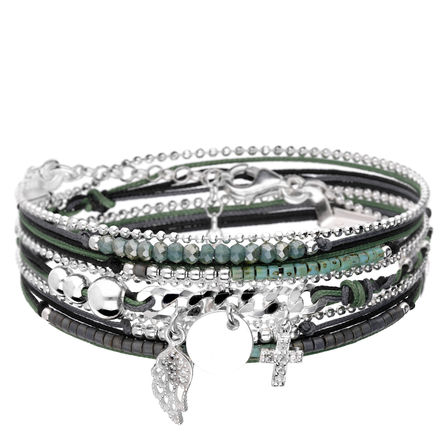 BRACELET MAILLE ROCK AILE PASTILLE CROIX DOUBLE TOURS VERT GRIS NOIR