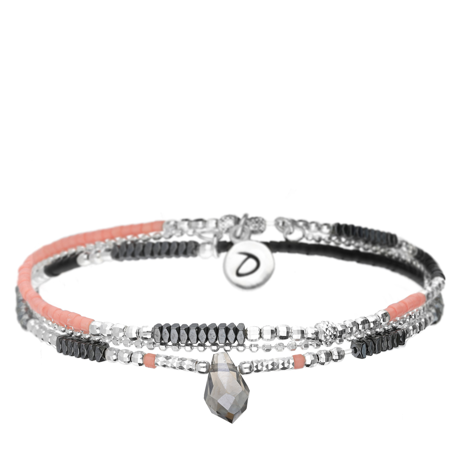 Bracelet multitours élastiqué SPRING argent - Perles orange corail TAILLE S