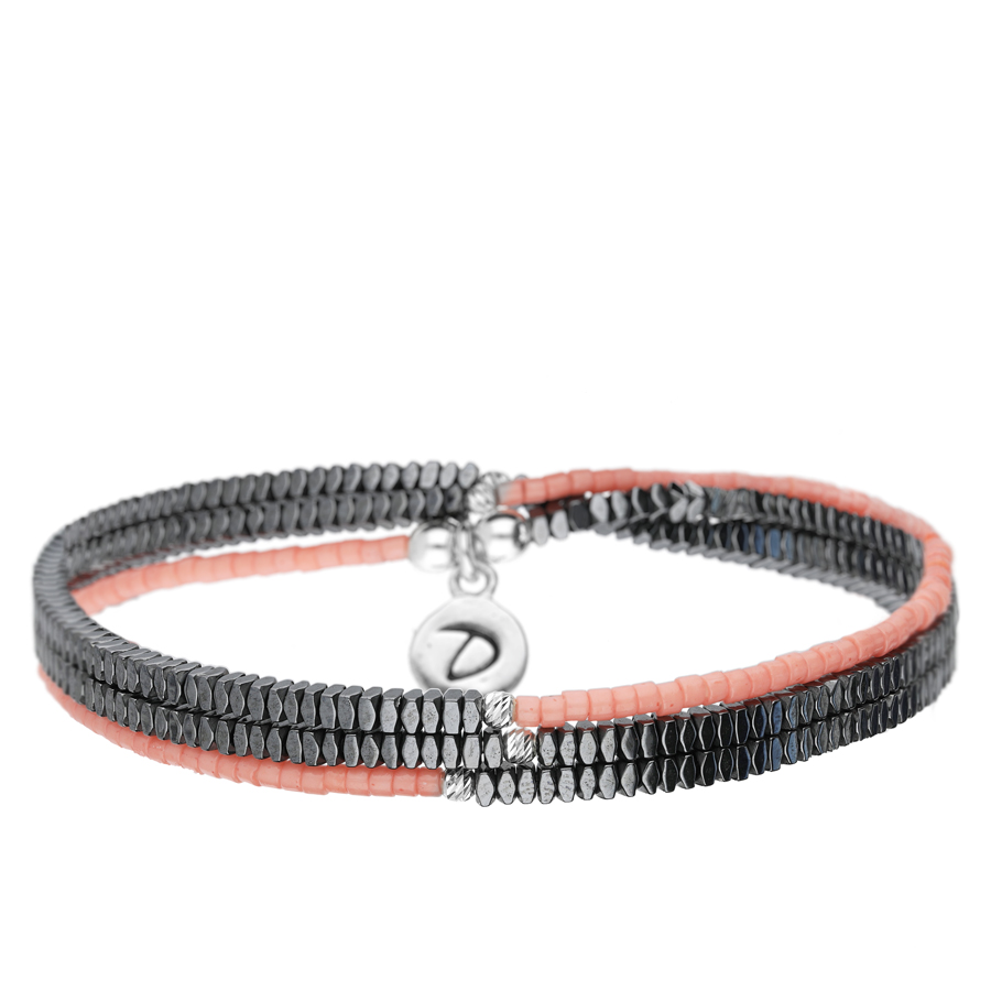 BRACELET ÉLASTIQUE ASYMÉTRIQUE CORAIL HÉMATITE TRIPLE TOURS