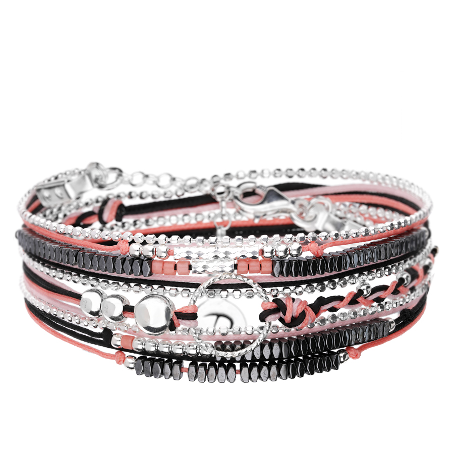 BRACELET CORAIL HÉMATITE TRIPLE TOURS ANNEAU DIAMANTE