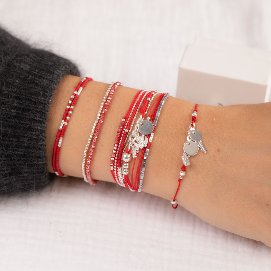 Bracelet Serpent Gourmandise – Perles Argentées, émail Rouge Et Strass – Femme