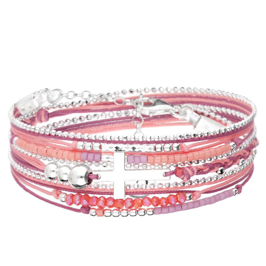 BRACELET CROIX FINE TRIPLE RANGS ROSE FRAMBOISE