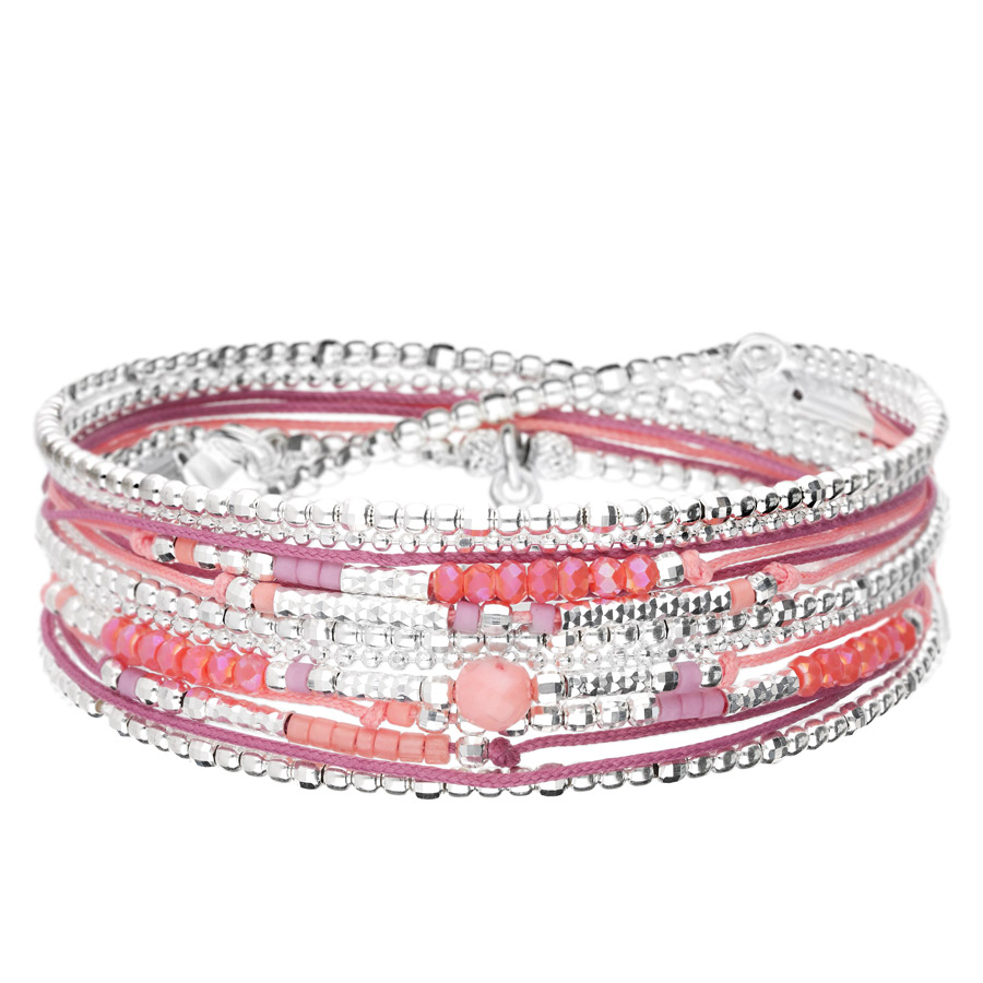 BRACELET DÉSIRÉ MULTI-TOURS ÉLASTIQUE ROSE FRAMBOISE