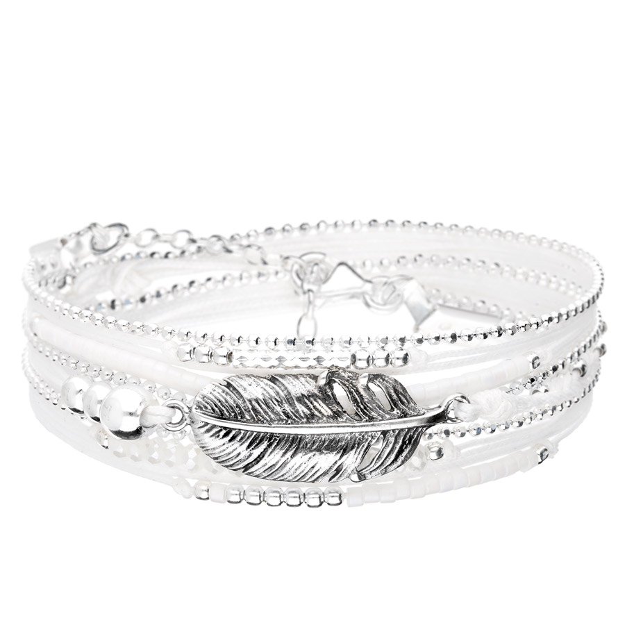 BRACELET PLUME BOHÈME TRIPLE RANGS BLANC