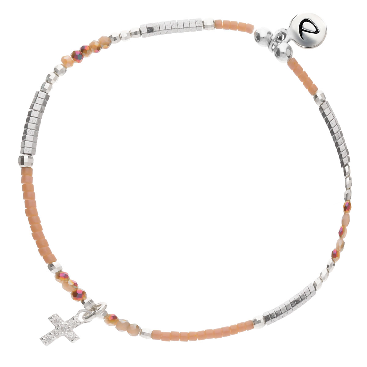 BRACELET ÉLASTIQUE CROIX OXYDE CERISE BEIGE HÉMATITE