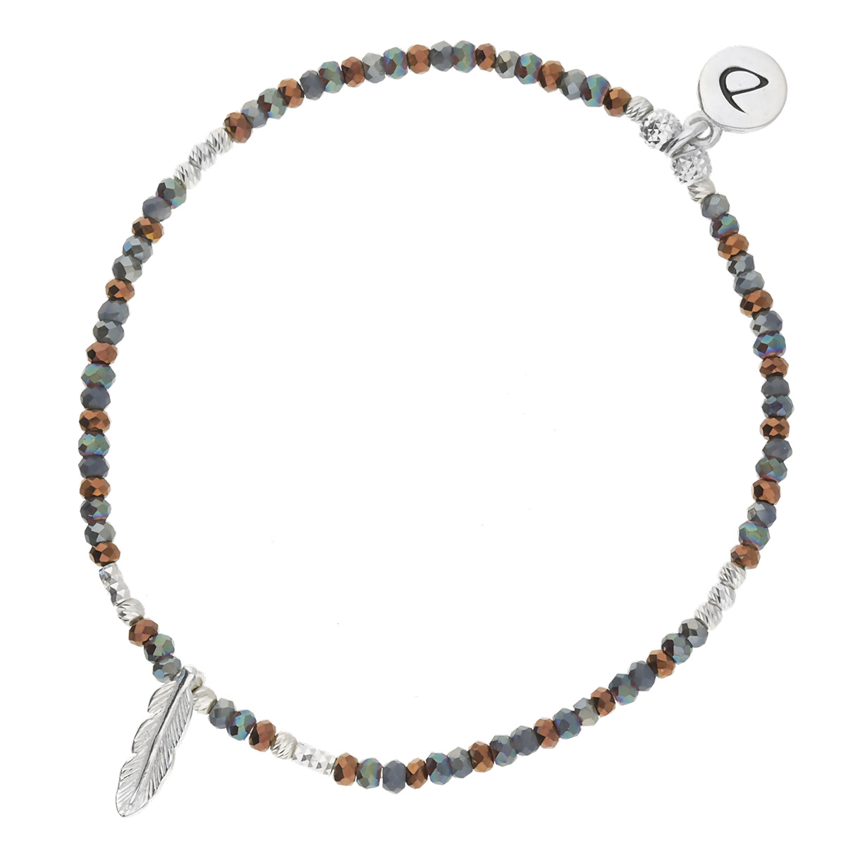BRACELET ÉLASTIQUE PLUME PERLES DE VERRE BLEU BRONZE