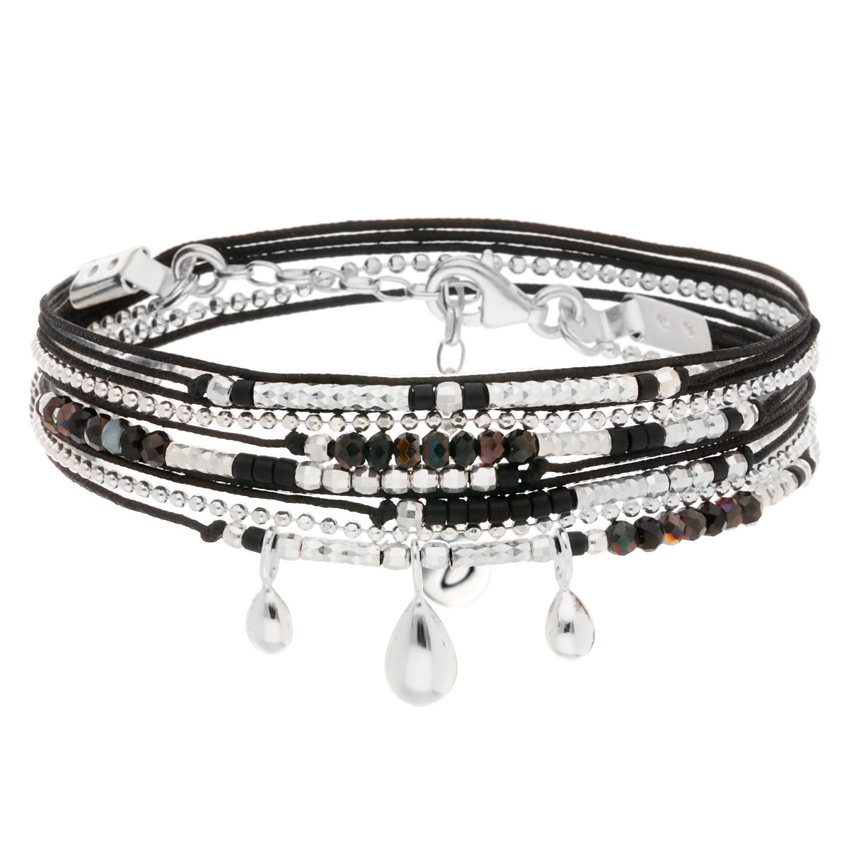 BRACELET DOUBLE TOURS NOIR 3 GOUTTES ARGENT