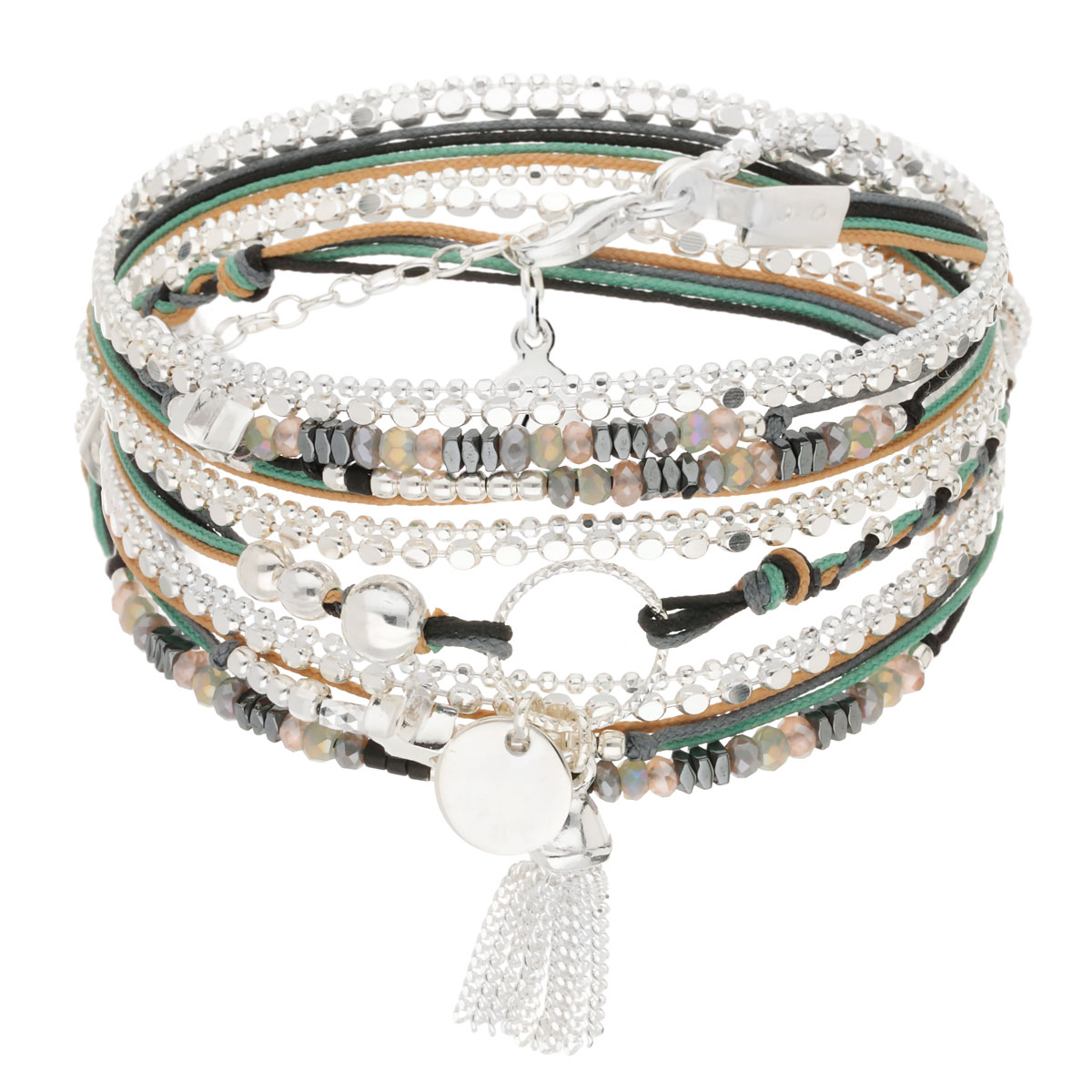 BRACELET POMPON PASTILLE ANNEAU DIAMANTE TRIPLE TOURS TWEED Argent 925 Gravable