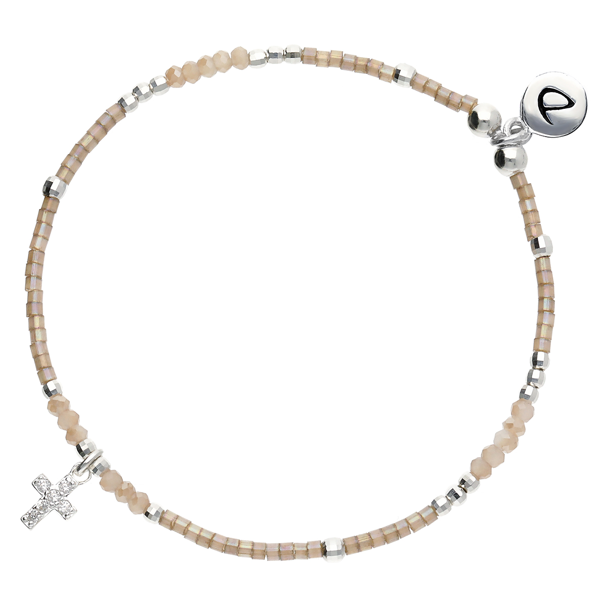 BRACELET ÉLASTIQUE BEIGE INTEMPOREL AVEC 1 CROIX ORNÉE D\'OXYDES DE ZIRCONIUM Argent 925
