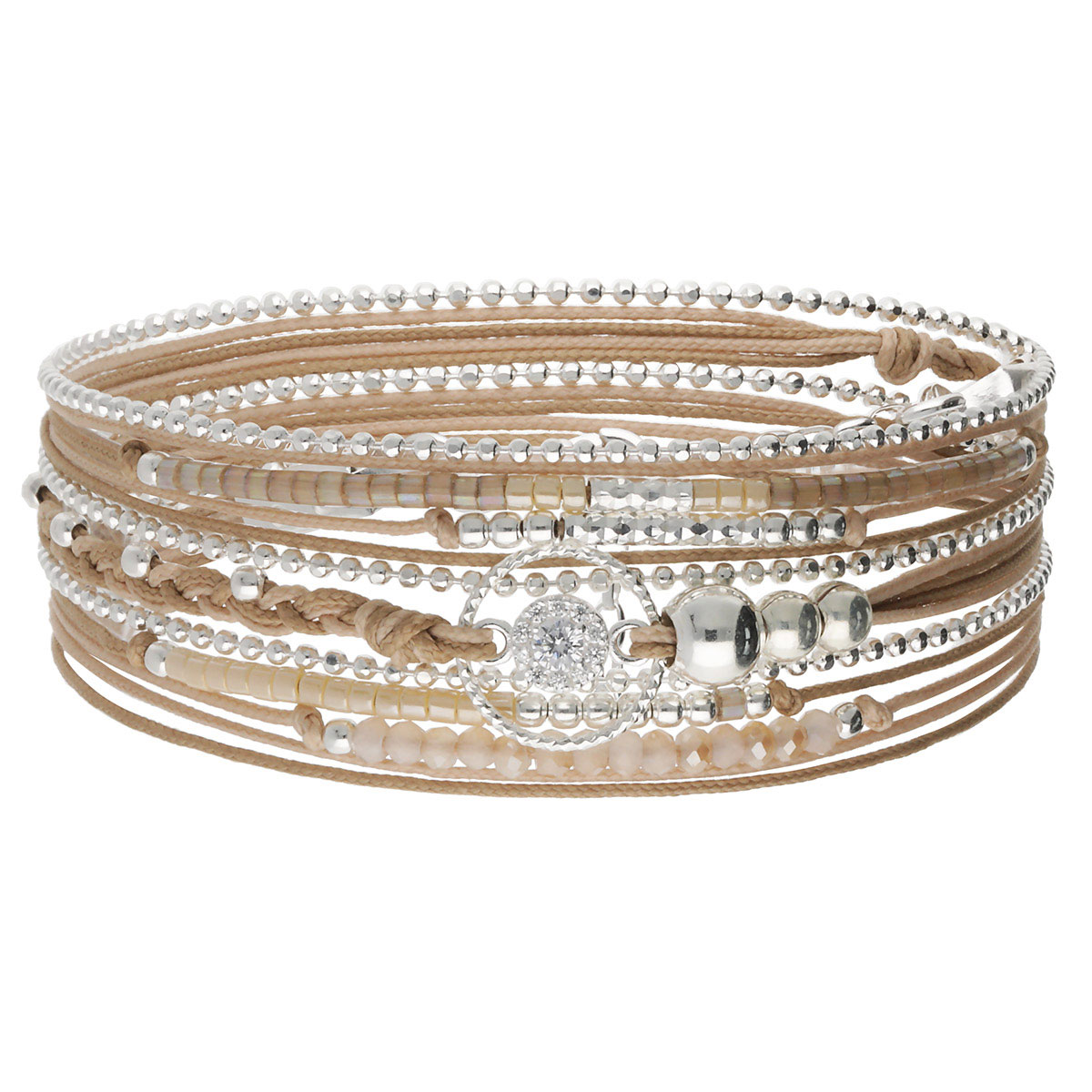 BRACELET 3 TOURS BEIGE OXYDE DE ZIRCONIUM ANNEAU DIAMANTÉ Argent 925