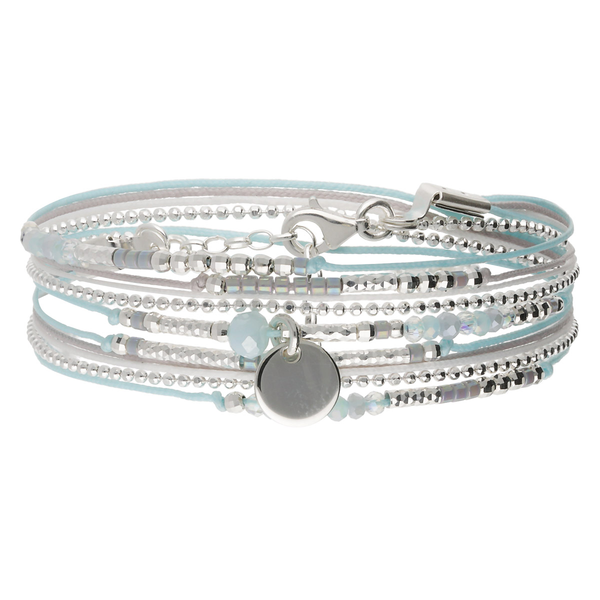 BRACELET 2 TOURS BLEU-GRIS-BLANC PASTILLE 8 mm  Argent 925 Gravable