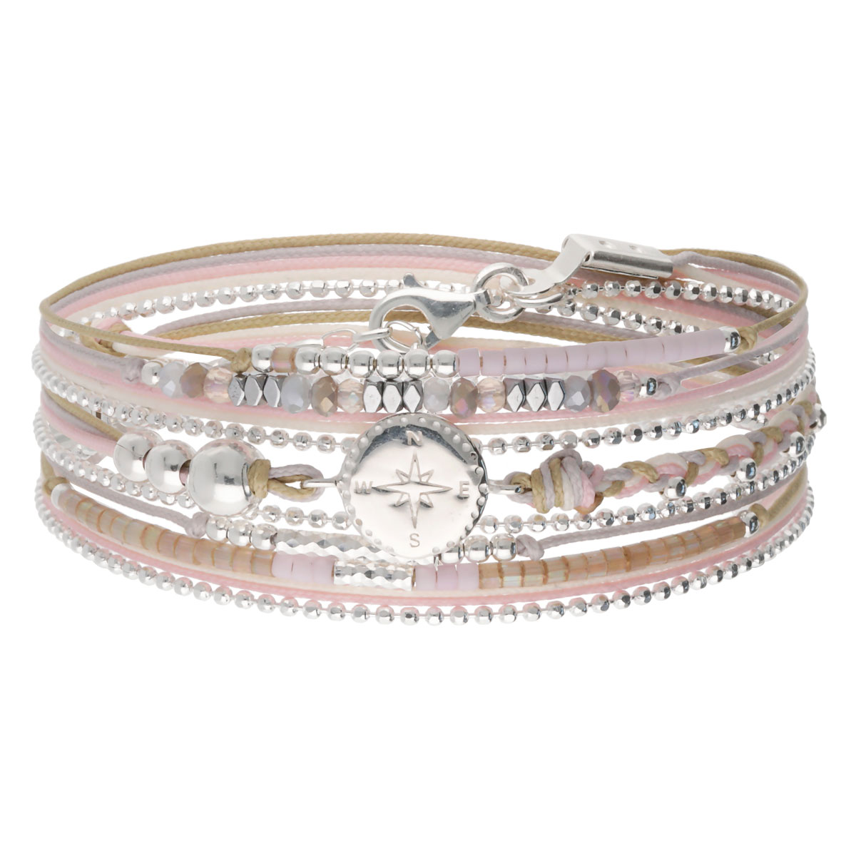 BRACELET 3 TOURS ROSE-BEIGE-GRIS BOUSSOLE Argent 925