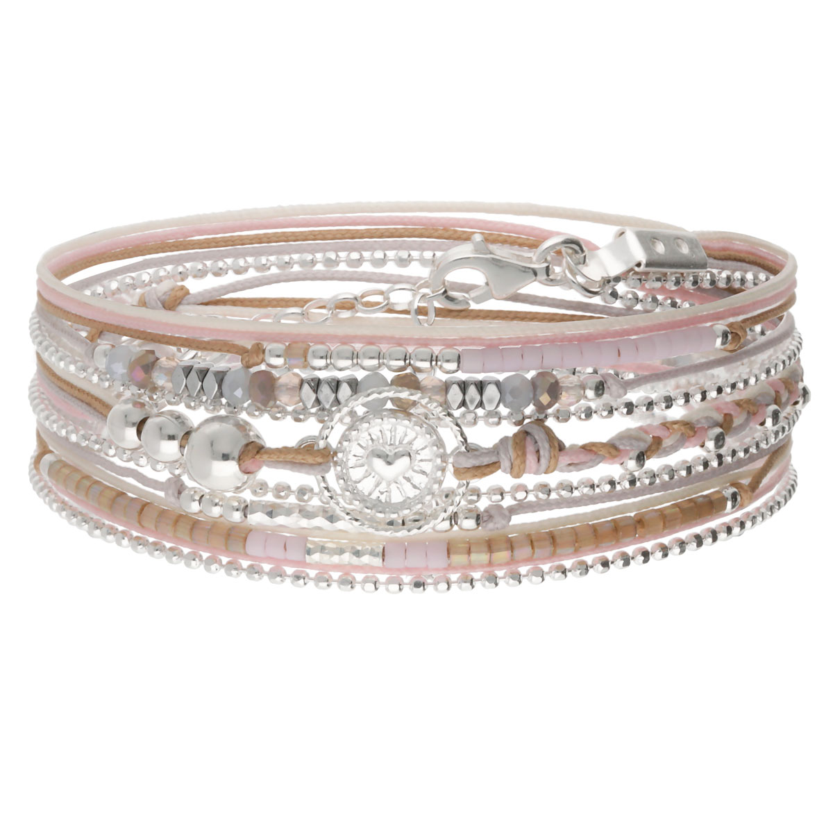 BRACELET 3 TOURS ROSE-BEIGE-GRIS COEUR ANNEAU DIAMANTÉ Argent 925
