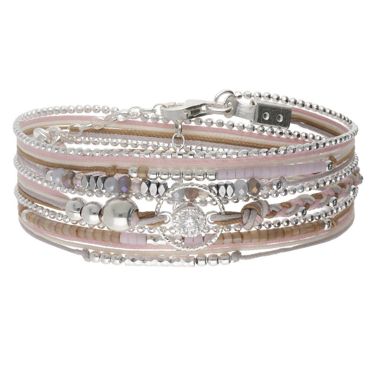 BRACELET 3 TOURS ROSE-BEIGE-GRIS OXYDE DE ZIRCONIUM ANNEAU DIAMANTÉ Argent 925