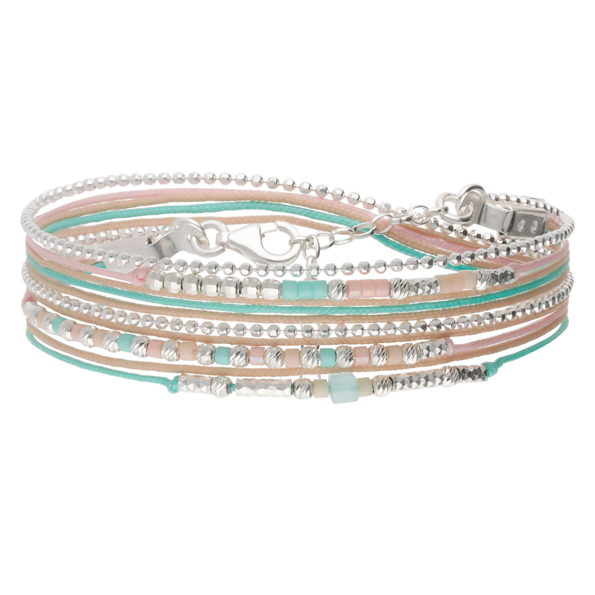 BRACELET 2 TOURS TURQUOISE-BEIGE-ROSE PETIT CUBE Argent 925