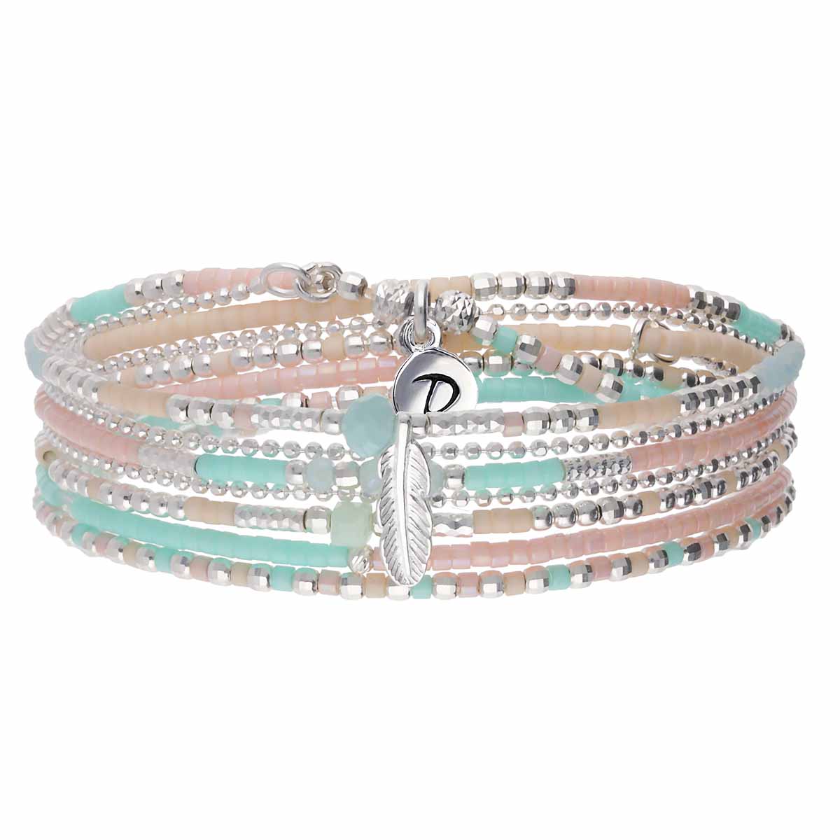 BRACELET ÉLASTIQUE 5 TOURS BLEU CLAIR-TURQUOISE-ROSE PLUME ET CHAINE Argent 925