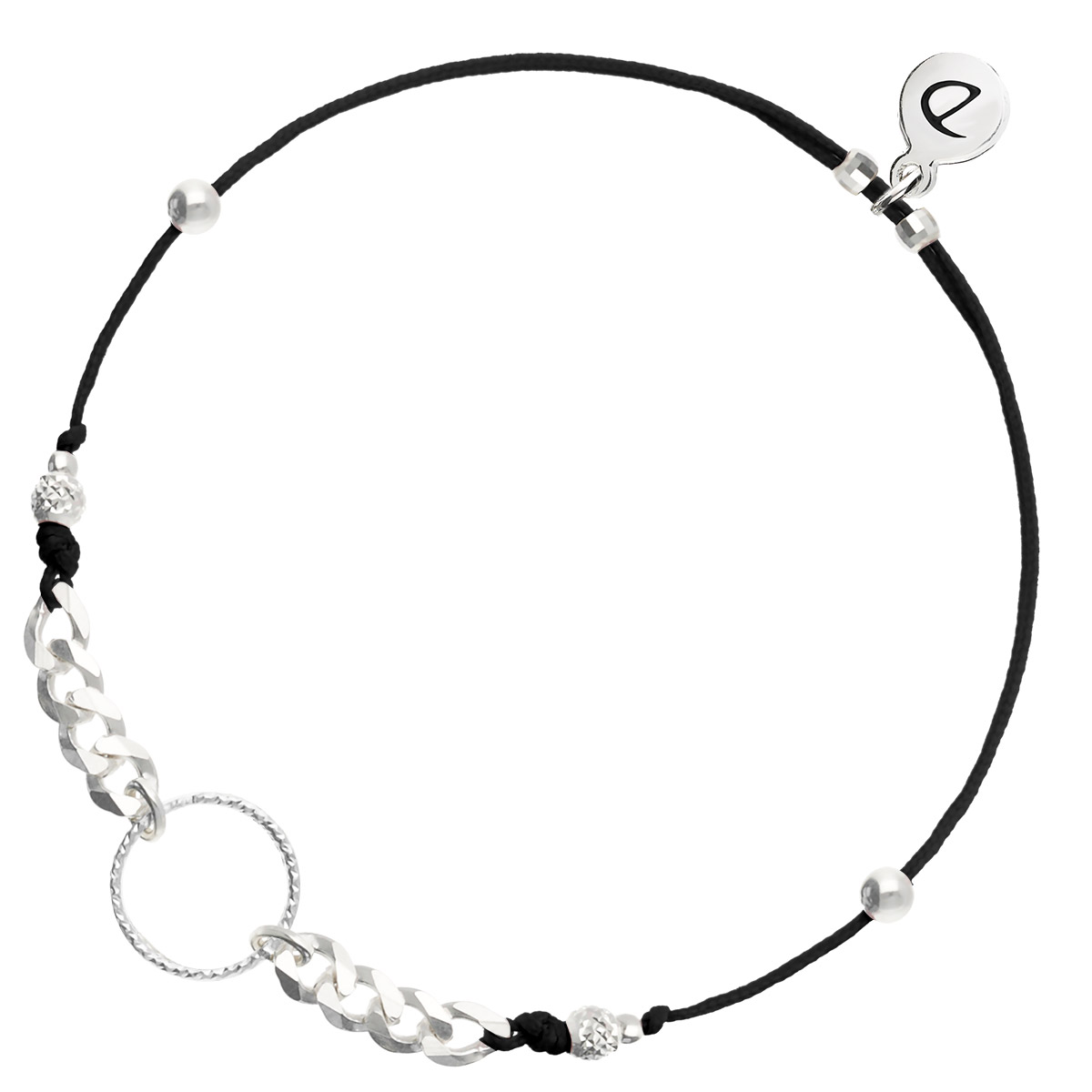 BRACELET CORDON NOIR COULISSANT ANNEAU CISELÉ ET CHAÎNE MAILLE ROCK Argent 925
