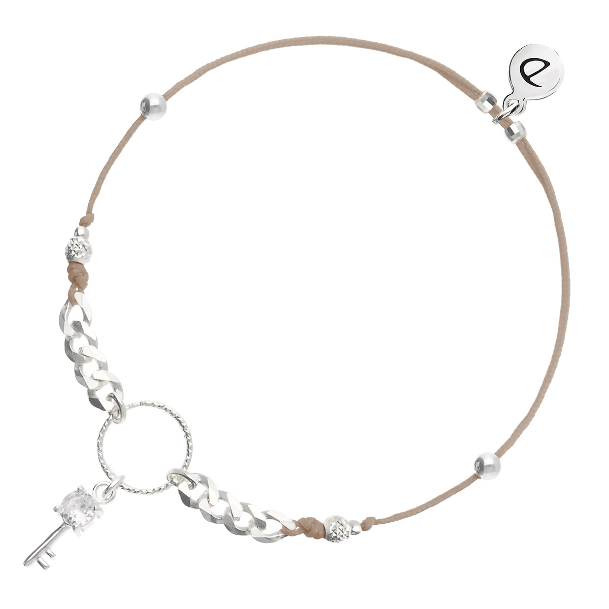 BRACELET CORDON BEIGE COULISSANT CLÉ OXYDE DE ZIRCONIUM ANNEAU CISELÉ ET CHAÎNE MAILLE ROCK Argent 925