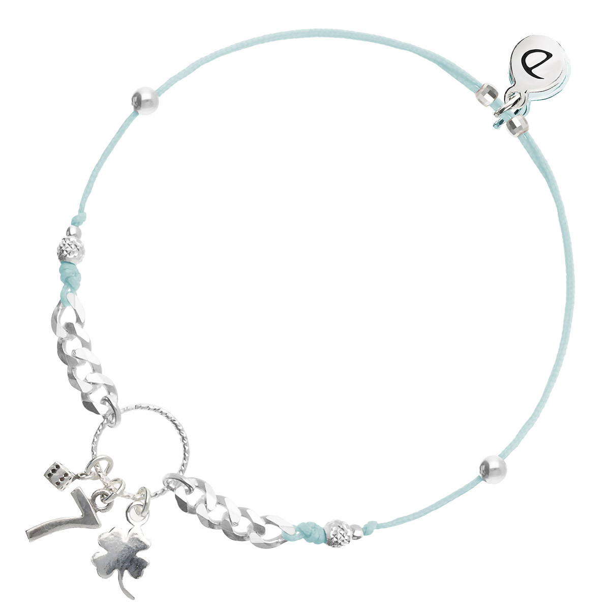 BRACELET CORDON TURQUOISE COULISSANT PETIT DÉ 7 ET TRÈFLE ANNEAU CISELÉ ET CHAÎNE Argent 925