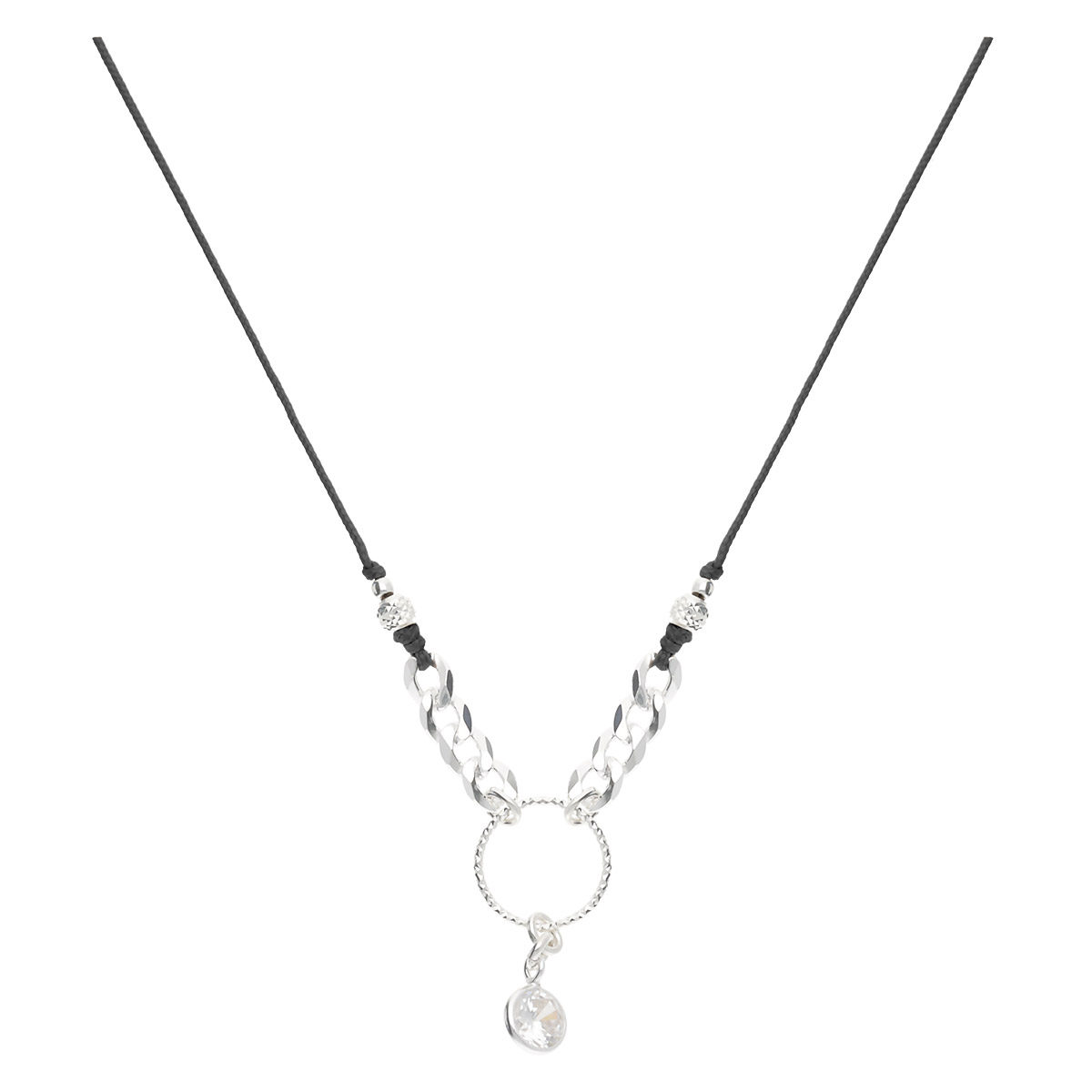 COLLIER CORDON NOIR OXYDE DE ZIRCONIUM ANNEAU CISELÉ ET CHAÎNE MAILLE ROCK Argent 925