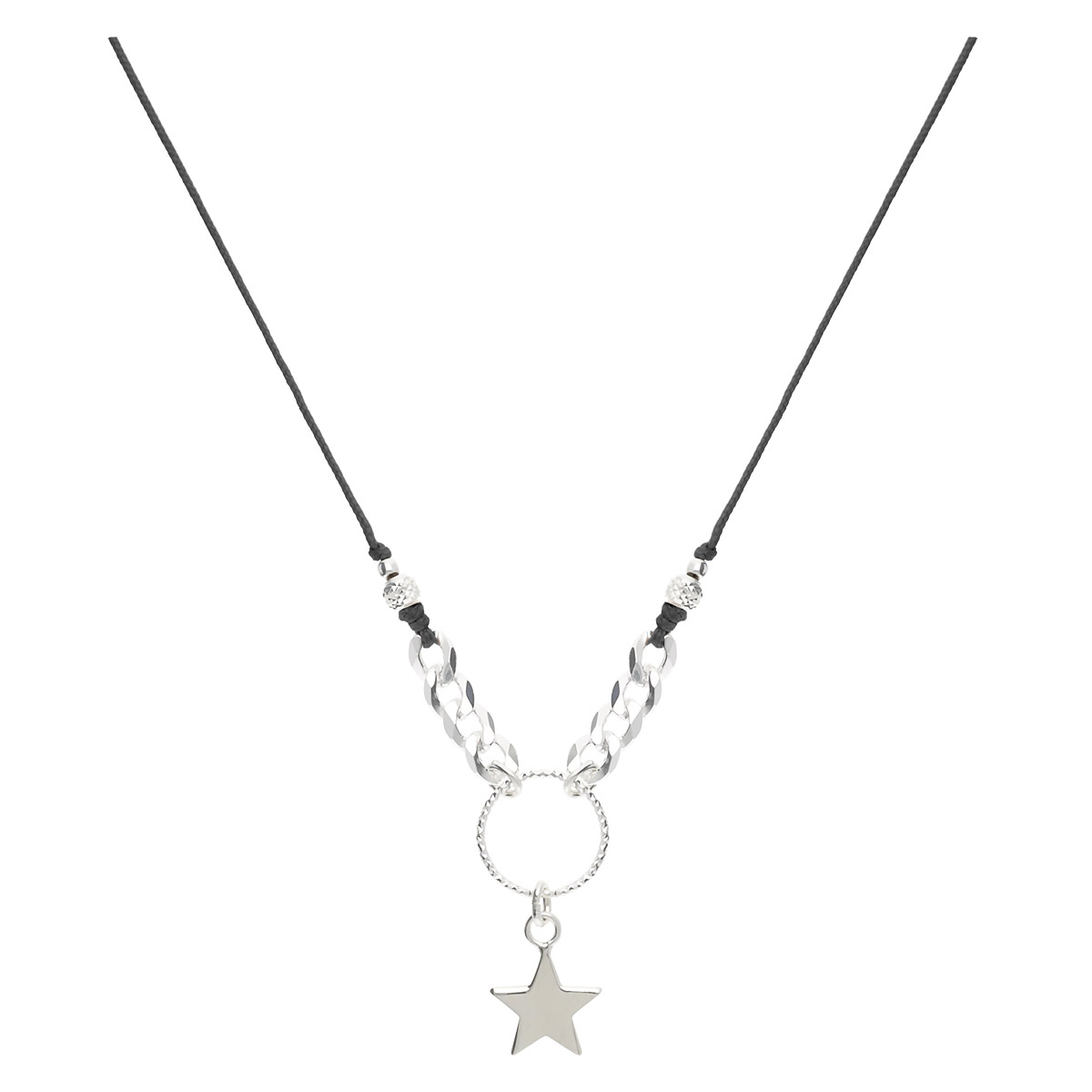 COLLIER CORDON NOIR ÉTOILE ANNEAU CISELÉ ET CHAÎNE MAILLE ROCK Argent 925