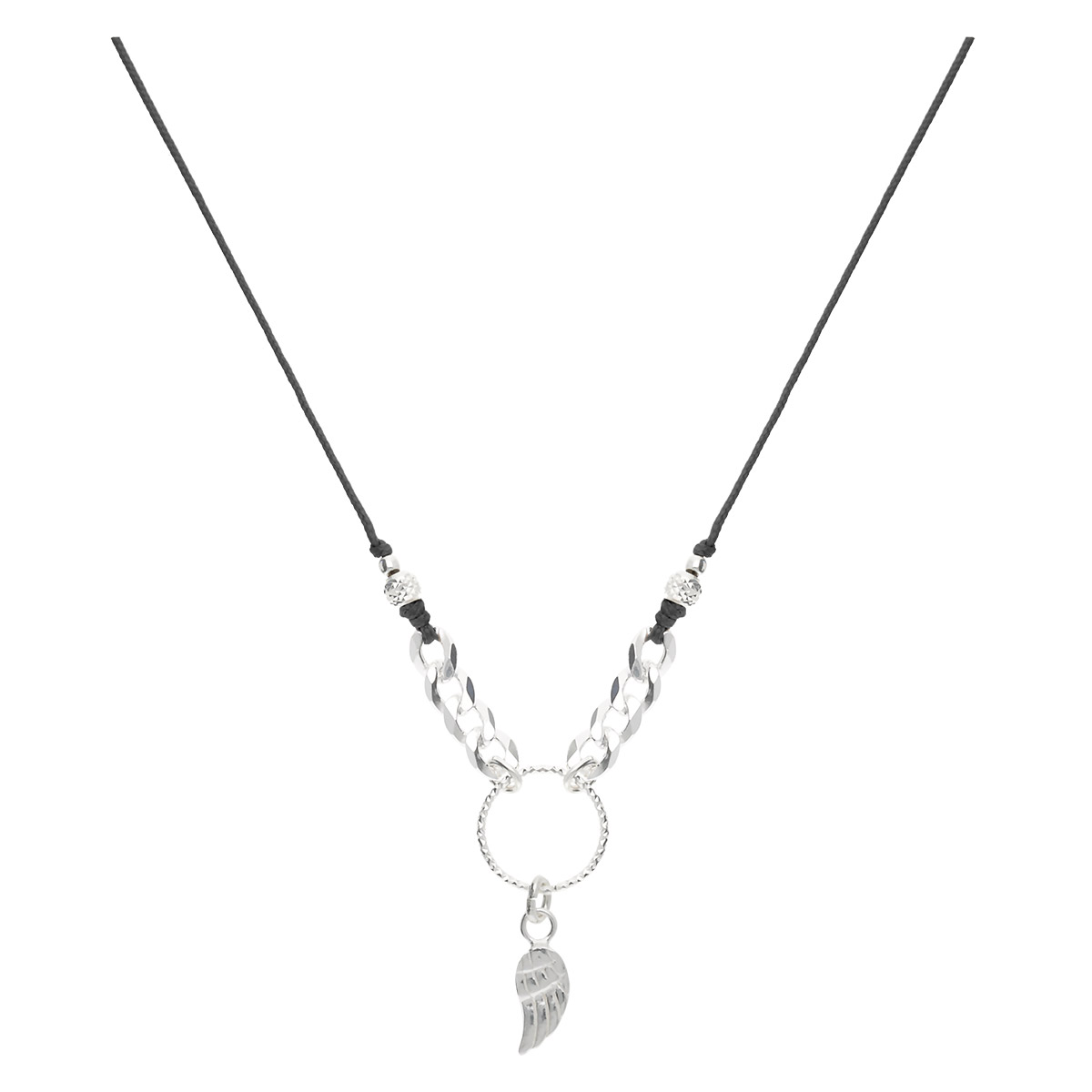 COLLIER CORDON NOIR AILE ANNEAU CISELÉ ET CHAÎNE MAILLE ROCK Argent 925