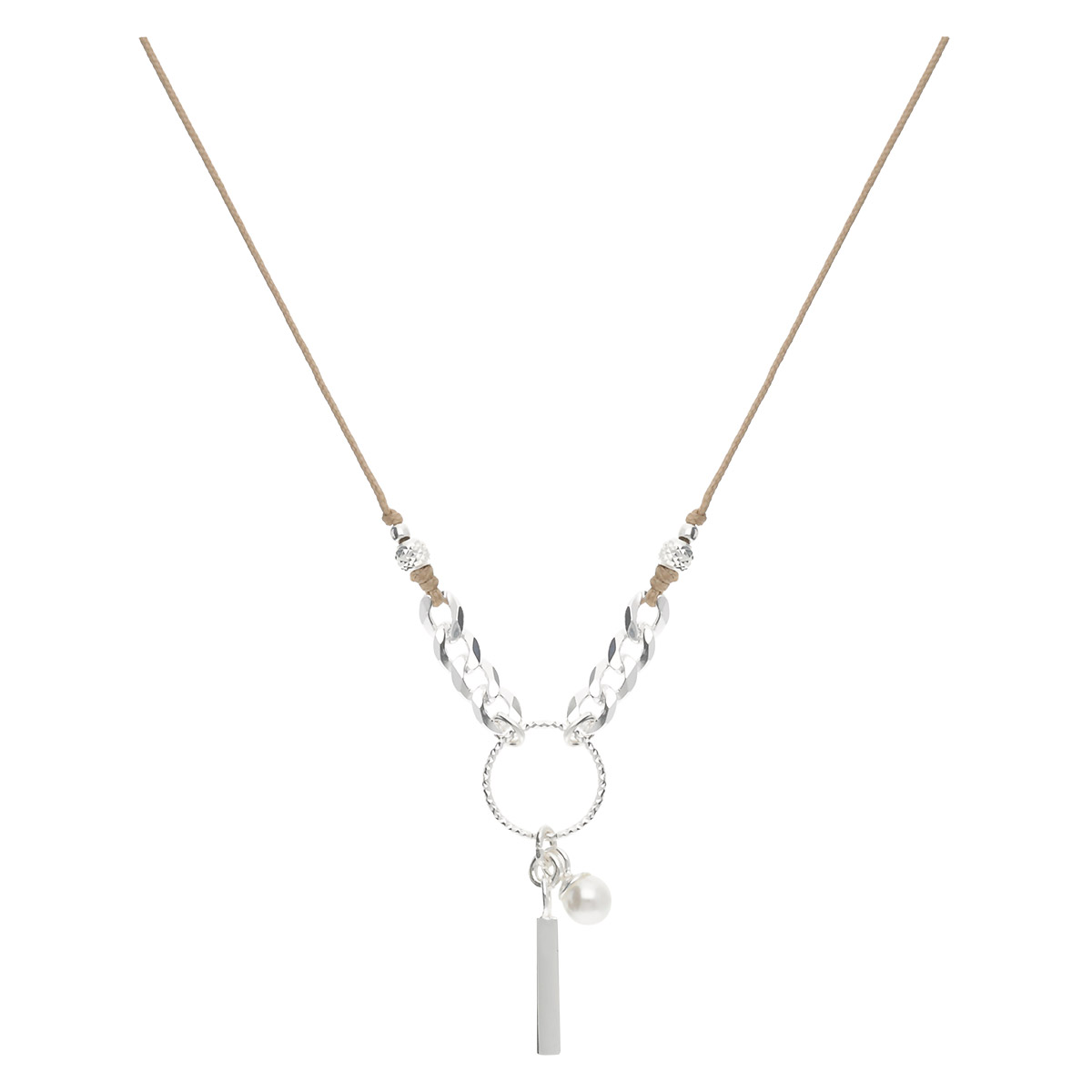 COLLIER CORDON BEIGE PERLE NACRÉE ET BARRE ARGENT ANNEAU CISELÉ Argent 925