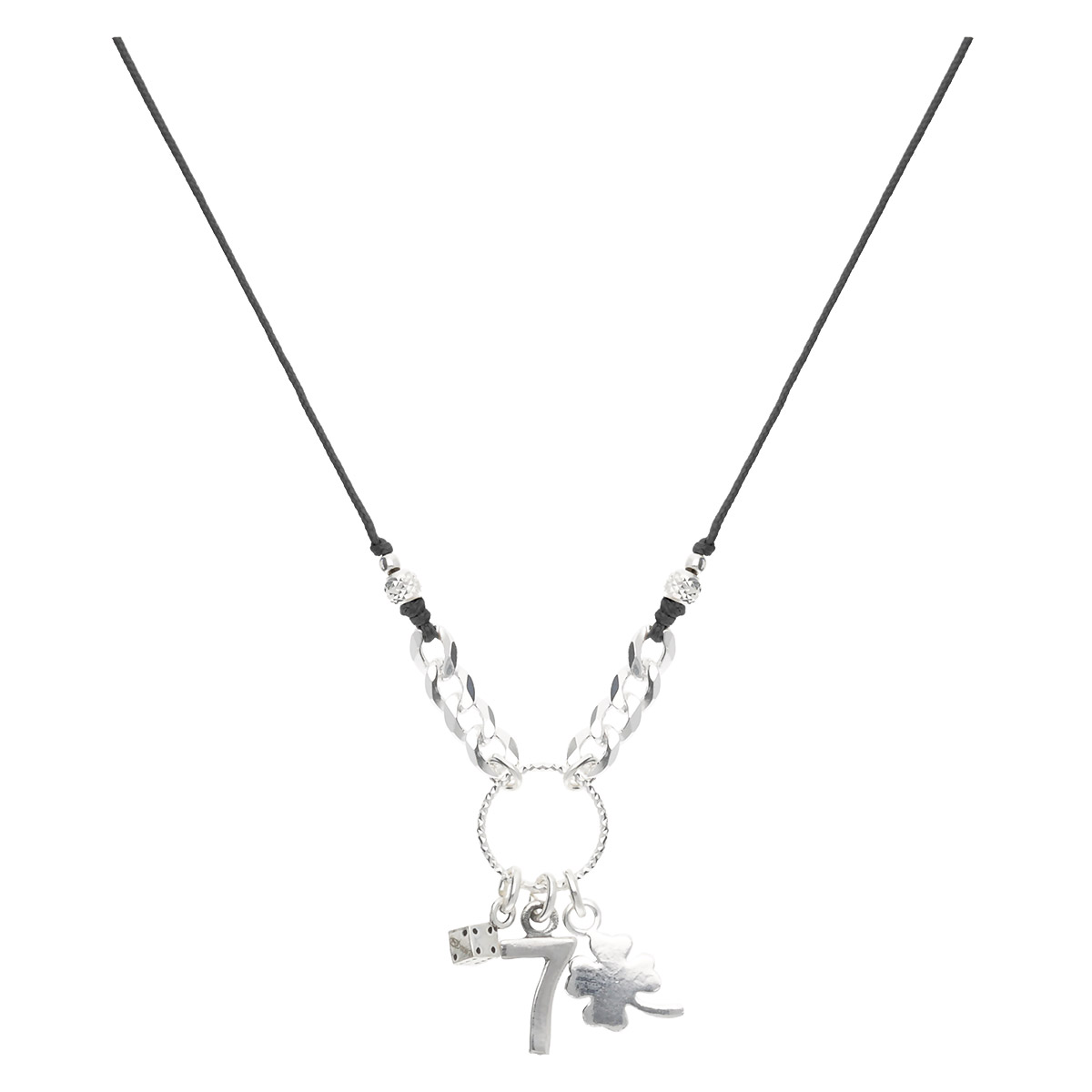 COLLIER CORDON NOIR PETIT DÉ CHIFFRE 7 ET TRÈFLE ANNEAU CISELÉ Argent 925