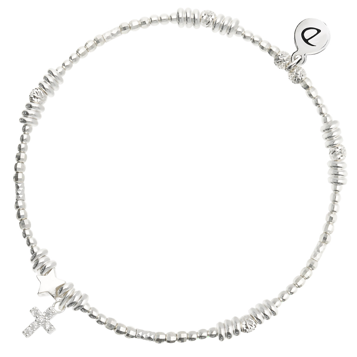 BRACELET ÉLASTIQUE BOULES AVEC UNE PERLE ÉTOILE ET UNE CROIX ORNÉE D\'OXYDES DE ZIRCONIUM Argent 925