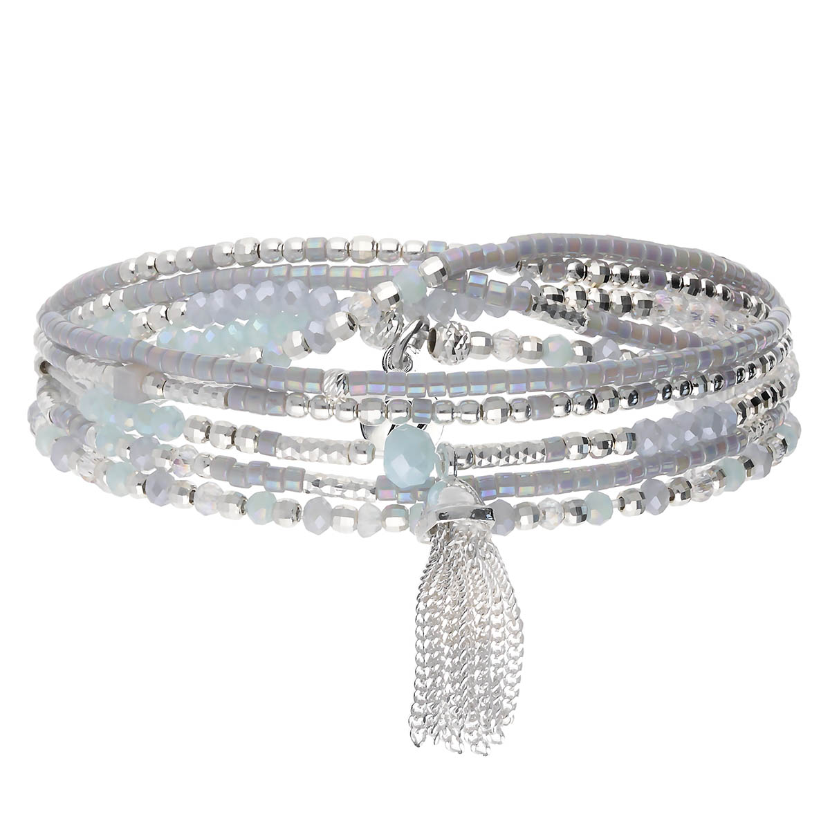 BRACELET ÉLASTIQUE 5 TOURS BLEU-CLAIR-GRIS ET POMPON Argent 925