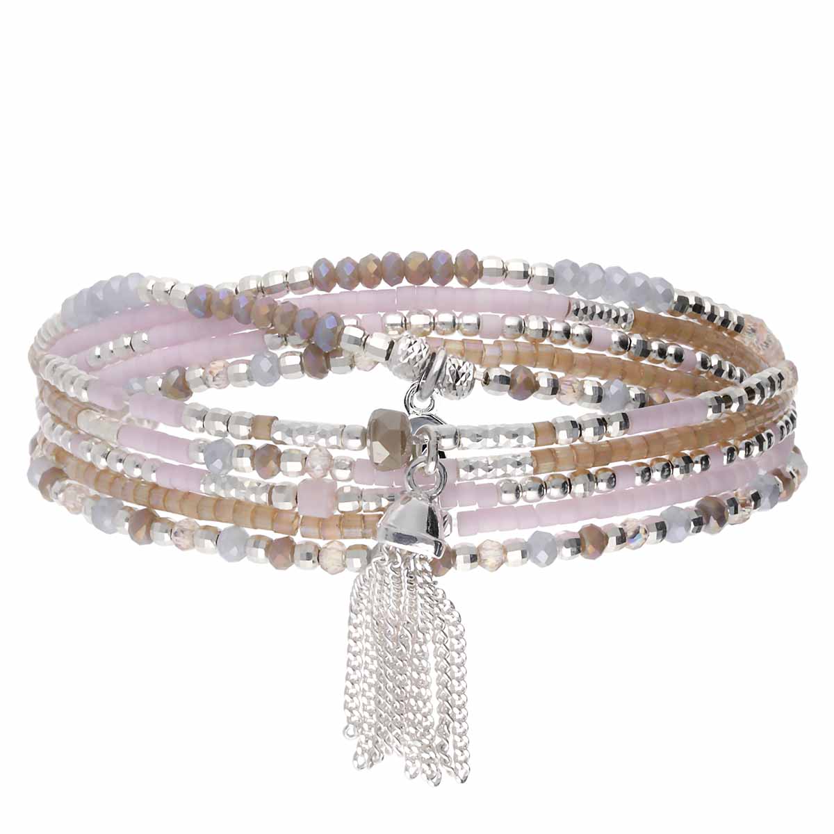 BRACELET ÉLASTIQUE 5 TOURS ROSE-BEIGE-GRIS AVEC 1 POMPON Argent 925