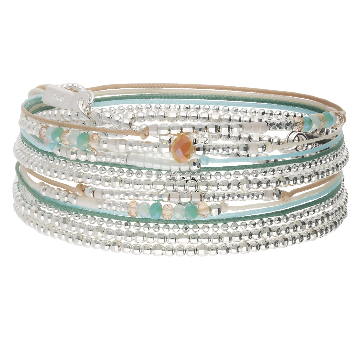 BRACELET ÉLASTIQUE 3 TOURS CORDONS BEIGE-VERT-TURQUOISE Argent 925